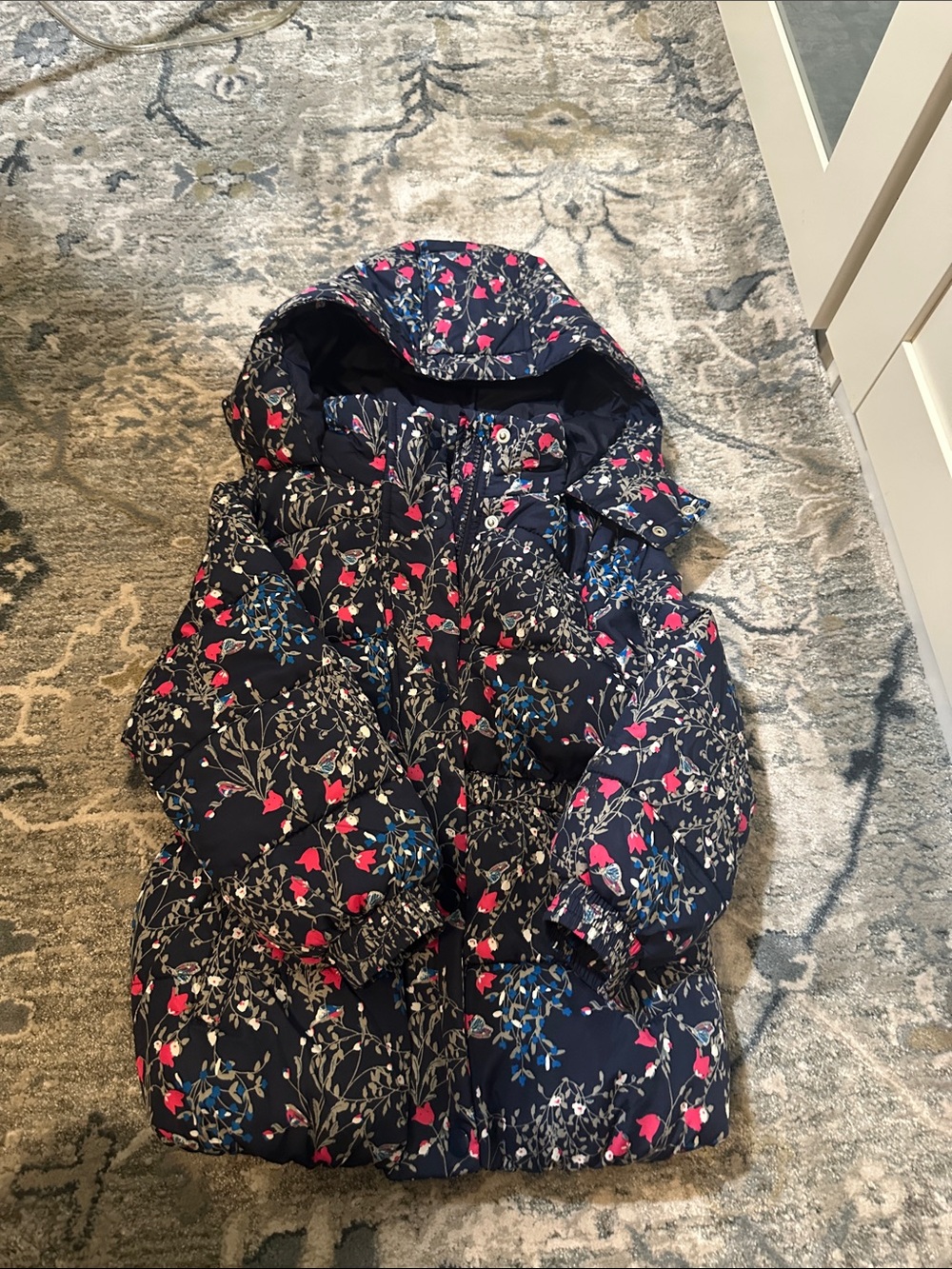 Joe Fresh Navy Floral Hooded Puffer Jacket with Pink Accents